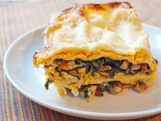 Butternut squash lasagna with bacon-braised greens and béchamel