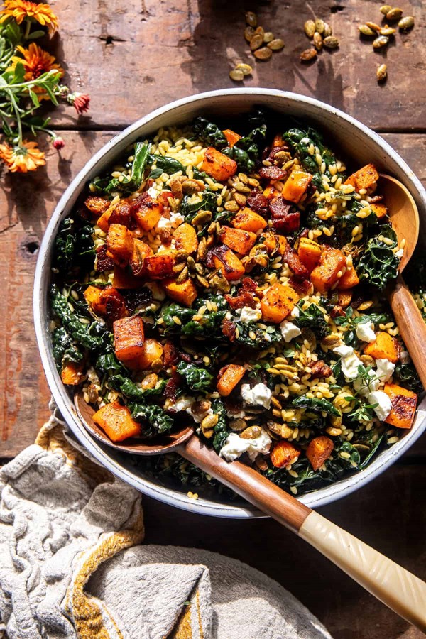 Butternut squash orzo salad with candied bacon