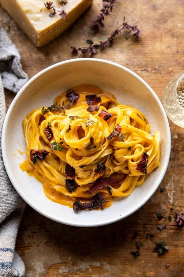 Butternut squash pasta carbonara with rosemary bacon