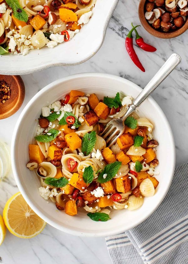 Butternut squash pasta with chili oil, feta & mint