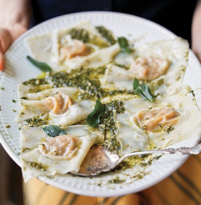 Butternut squash ravioli with oregano-hazelnut pesto