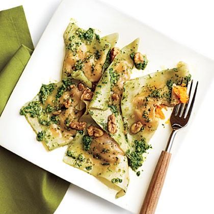 Butternut squash ravioli with spinach pesto