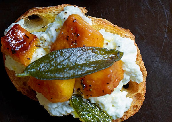 Butternut squash, ricotta, and sage crostini