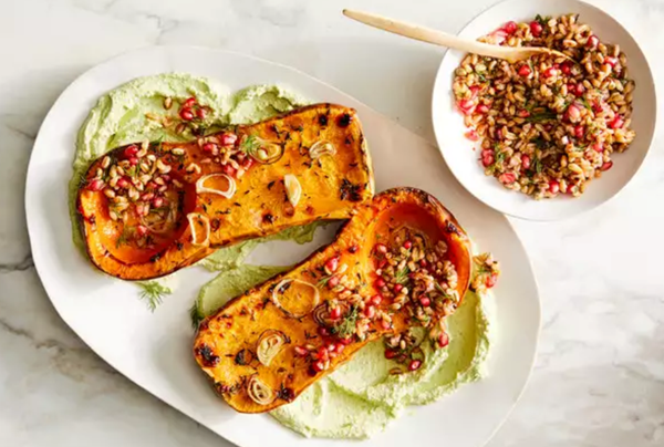 Butternut-squash roast with pistachio yogurt and grain relish