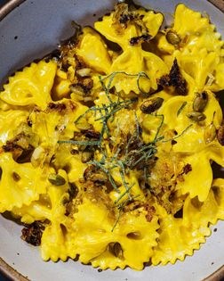 Butternut squash sauce, crispy leeks & farfalle