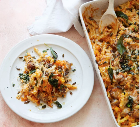 Butternut squash, sausage, spinach & mushroom pasta bake