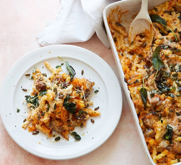 Butternut squash, sausage, spinach & mushroom pasta bake
