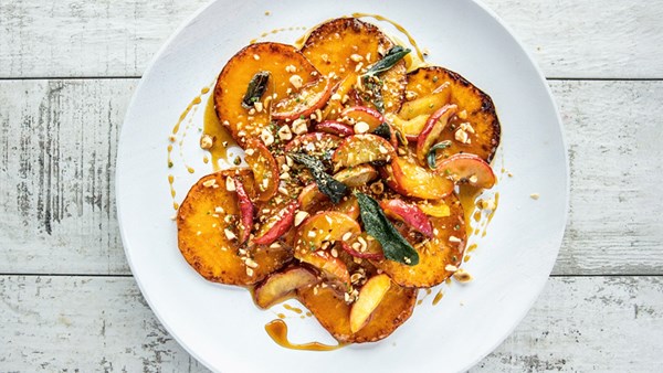 Butternut squash scallopini with apples, sage, and hazelnut dukkha