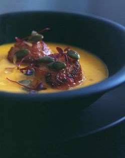 Butternut squash soup, caramelised scallops and toasted pumpkin seeds