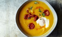 Butternut squash soup, poached egg and chorizo