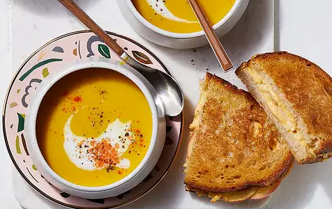 Butternut squash soup with apple grilled cheese sandwiches