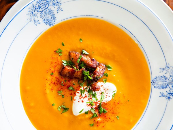 Butternut squash soup with bacon and crème fraîche