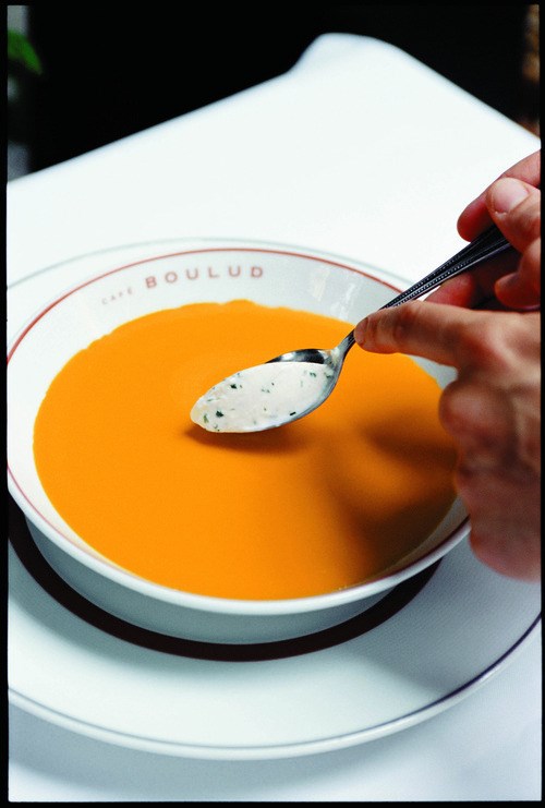 Butternut squash soup with exotic spices, apples & cilantro cream