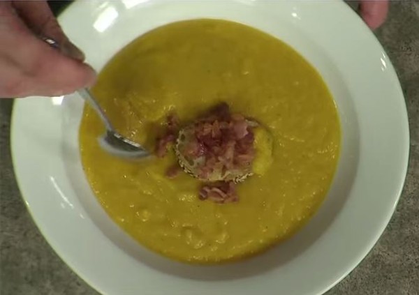 Butternut squash soup with smoky bacon and maple syrup