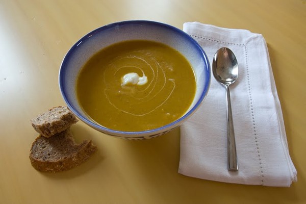 Butternut squash soup with spiced pears