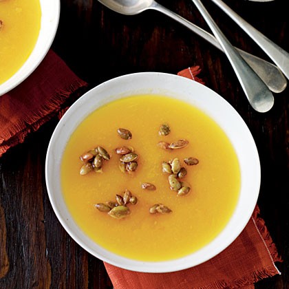 Butternut squash soup with spiced seeds