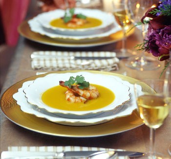 Butternut squash soup with star anise and ginger shrimp