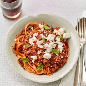 Butternut squash spaghetti with lamb, mint and feta [Harriet Ingham]