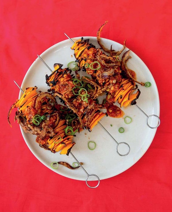 Butternut squash with ginger kimchi dressing & crispy onions