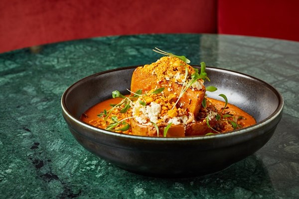 Butternut squash with makhani sauce, fresh paneer and hazelnut crumb