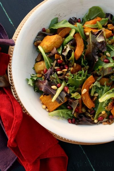 Butternut squash, yellow raisin, & pine nut salad with pomegranate