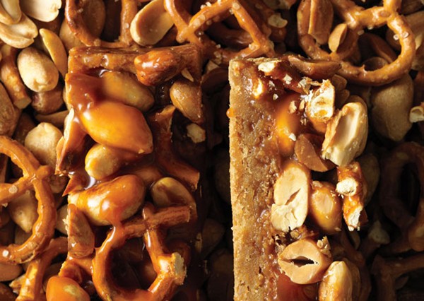 Butterscotch blondie bars with peanut-pretzel caramel