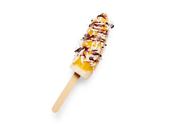 Butterscotch-chocolate frozen banana pops