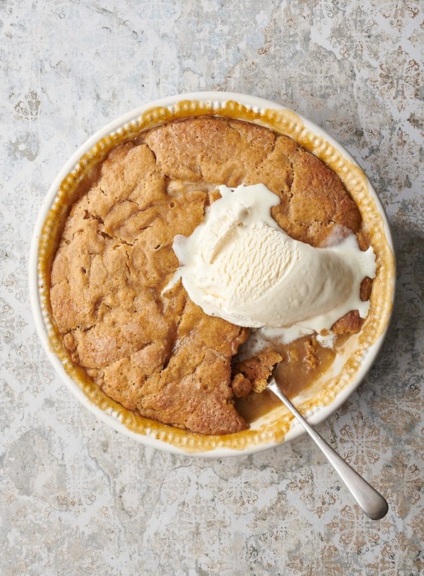 Butterscotch, ginger and pear self-saucing pudding