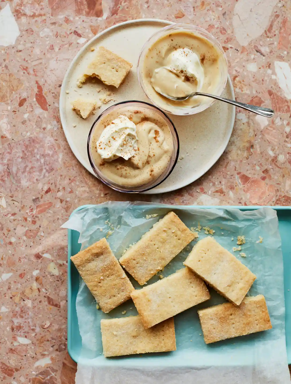 Butterscotch pots with almond shortbread