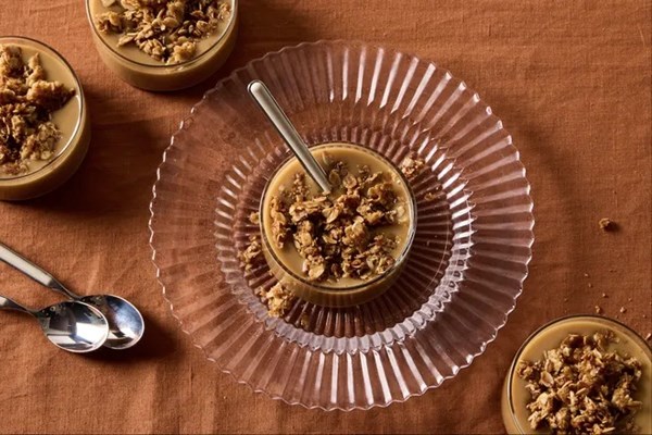 Butterscotch pudding with oat crumble