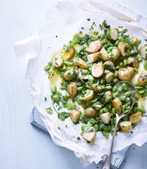 Buttery Jersey Royals with broad beans, mint and lemon