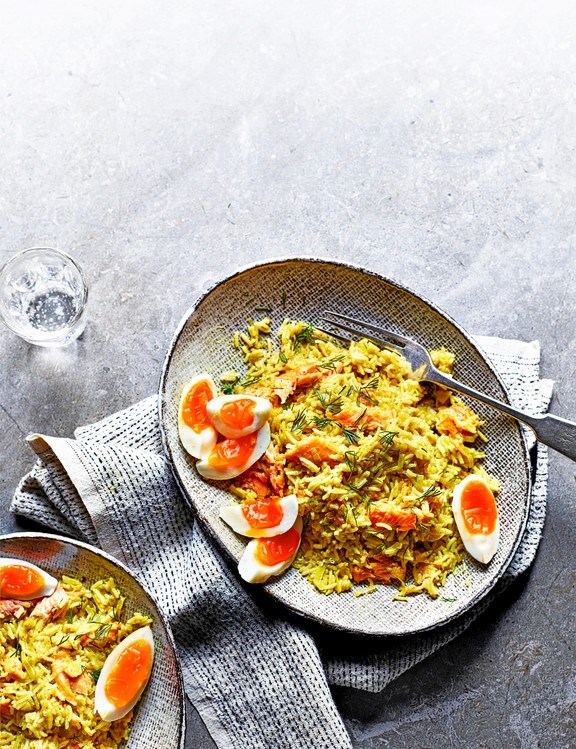 Buttery leek and smoked trout kedgeree