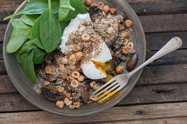 Buttery mushrooms with poached eggs & dukkah