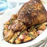 Buttery roast lamb with rosemary and roasted new potatoes