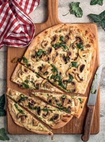 Button mushroom flatbread with hazelnut pesto 