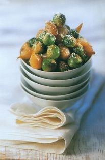 Button sprouts with Parmesan and pearl onions