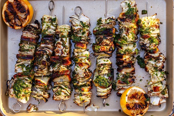 Cabbage and halloumi skewers