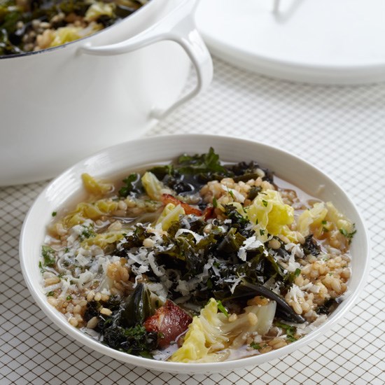 Cabbage-and-kale soup with farro