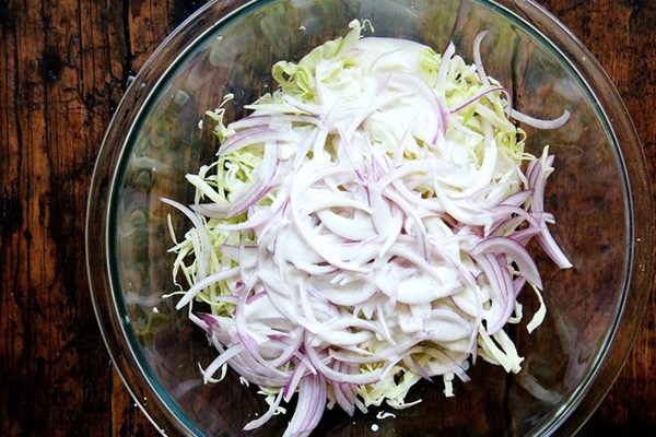 Cabbage and red onion slaw