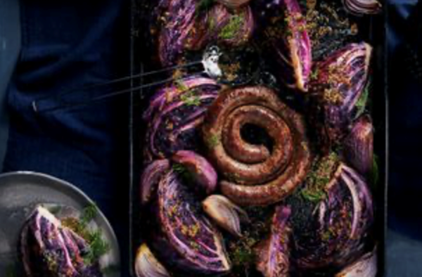 Cabbage and sausage traybake with mustard and dill