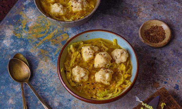 Cabbage, caraway and pepper soup with potato dumplings