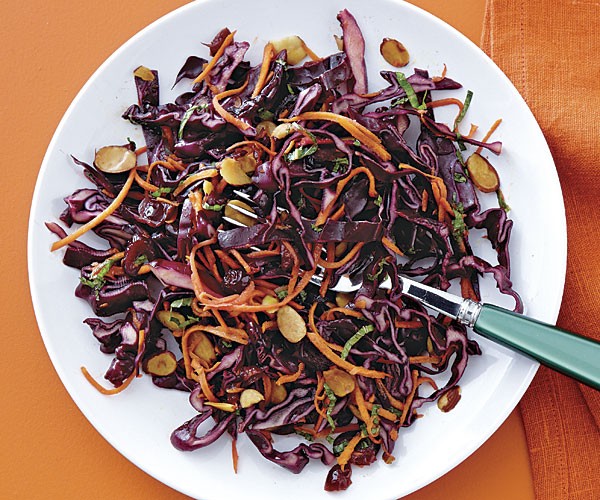 Cabbage-carrot slaw with cranberries, mint, and honey