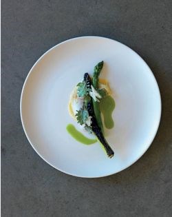 Cabbage, new asparagus and warm nut milk