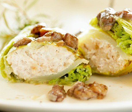 Cabbage rolls with meat stuffing and wild mushroom sauce