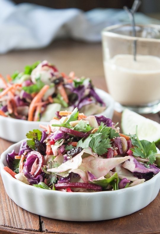 Cabbage slaw with ginger-tahini dressing