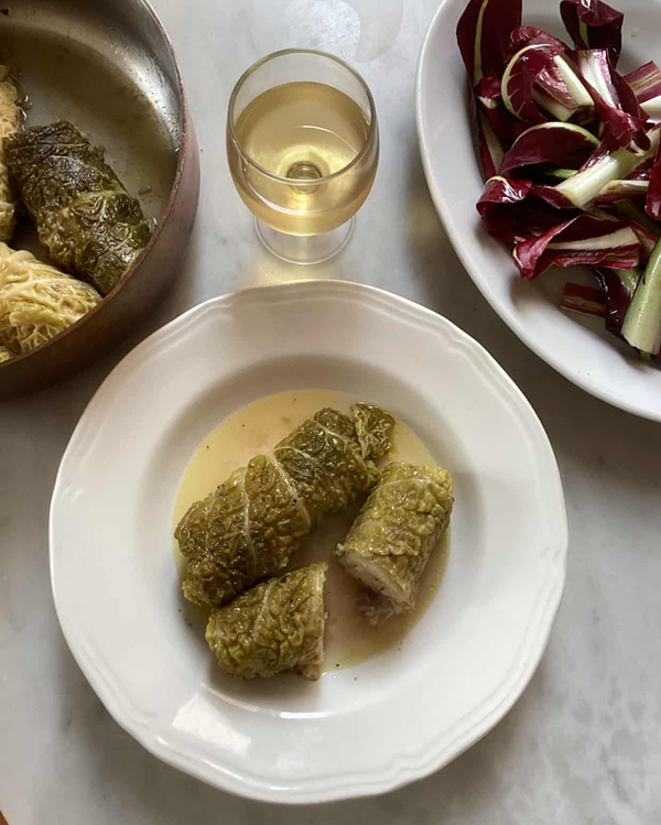 Cabbage stuffed with rice, chestnuts and cheese