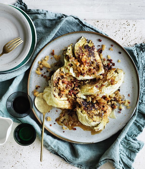 Cabbage with sake, brown butter crumbs and bacon