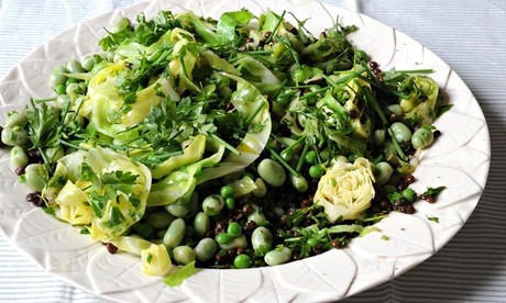 Cabbage with summer greens, broad beans, and lentils