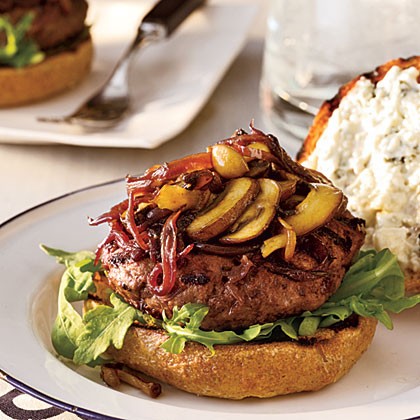Cabernet-balsamic burgers with sautéed mushrooms and onions