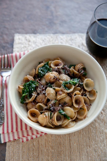 Cabernet braised short ribs with chard and orecchiette